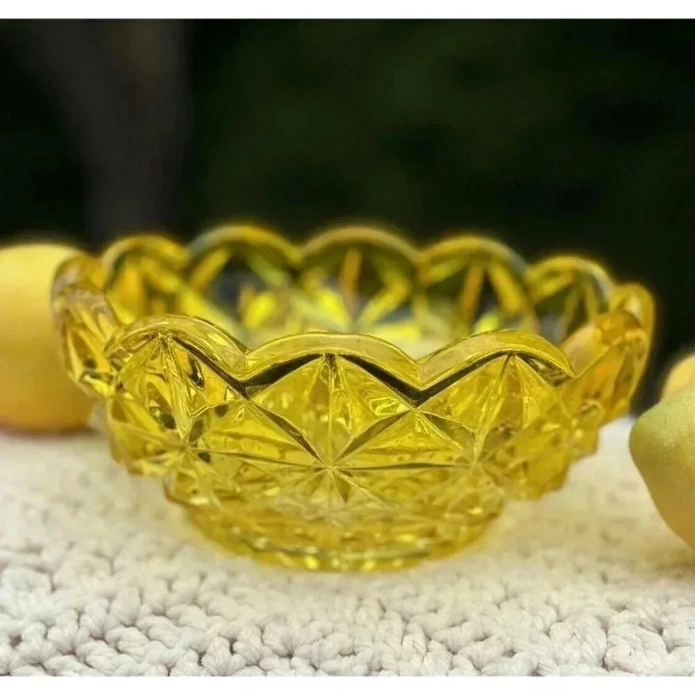 Vintage Yellow Glass Star Burst Designed Bowl 6-1/4" Round Cottagecore
